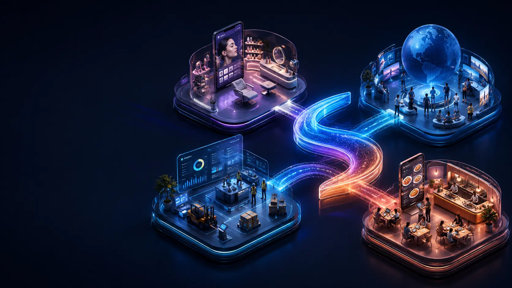 Four SMASN product worlds connected around a shared product core