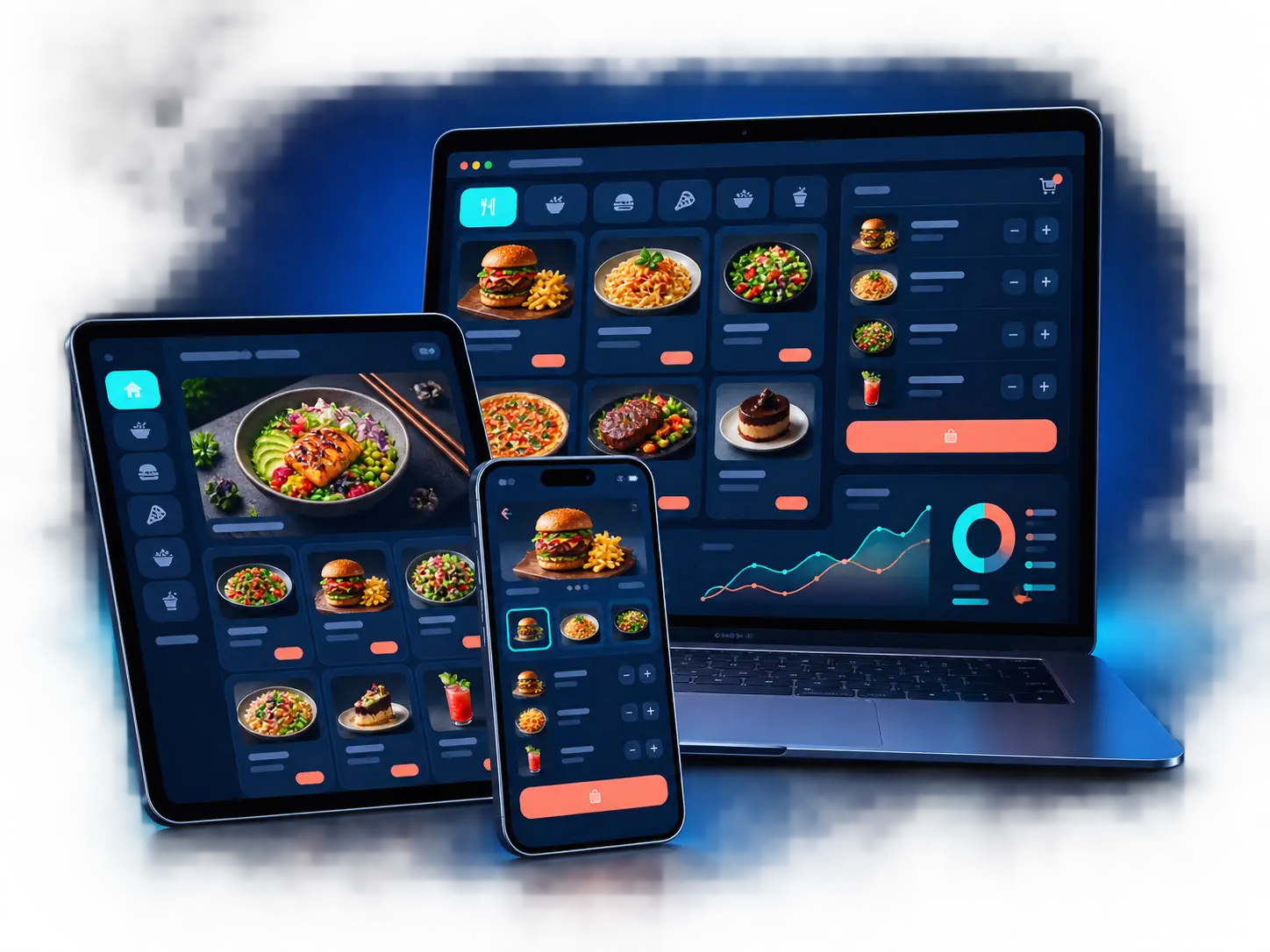 Laptop, tablet and smartphone showing a restaurant online ordering system without printer